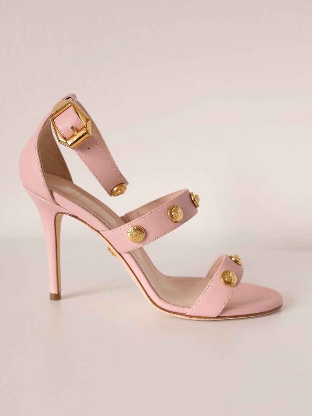 Versace Pink Leather Medusa Head Gold Studded Heeled Sandals, Very Good, Size 8